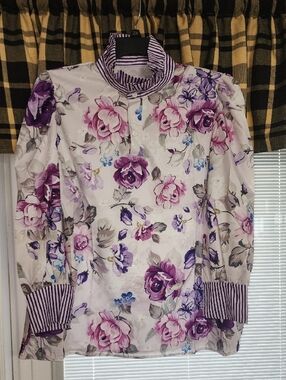 2x Floral Purple Stripe Collar Blouse 100 Polyester like Silk!